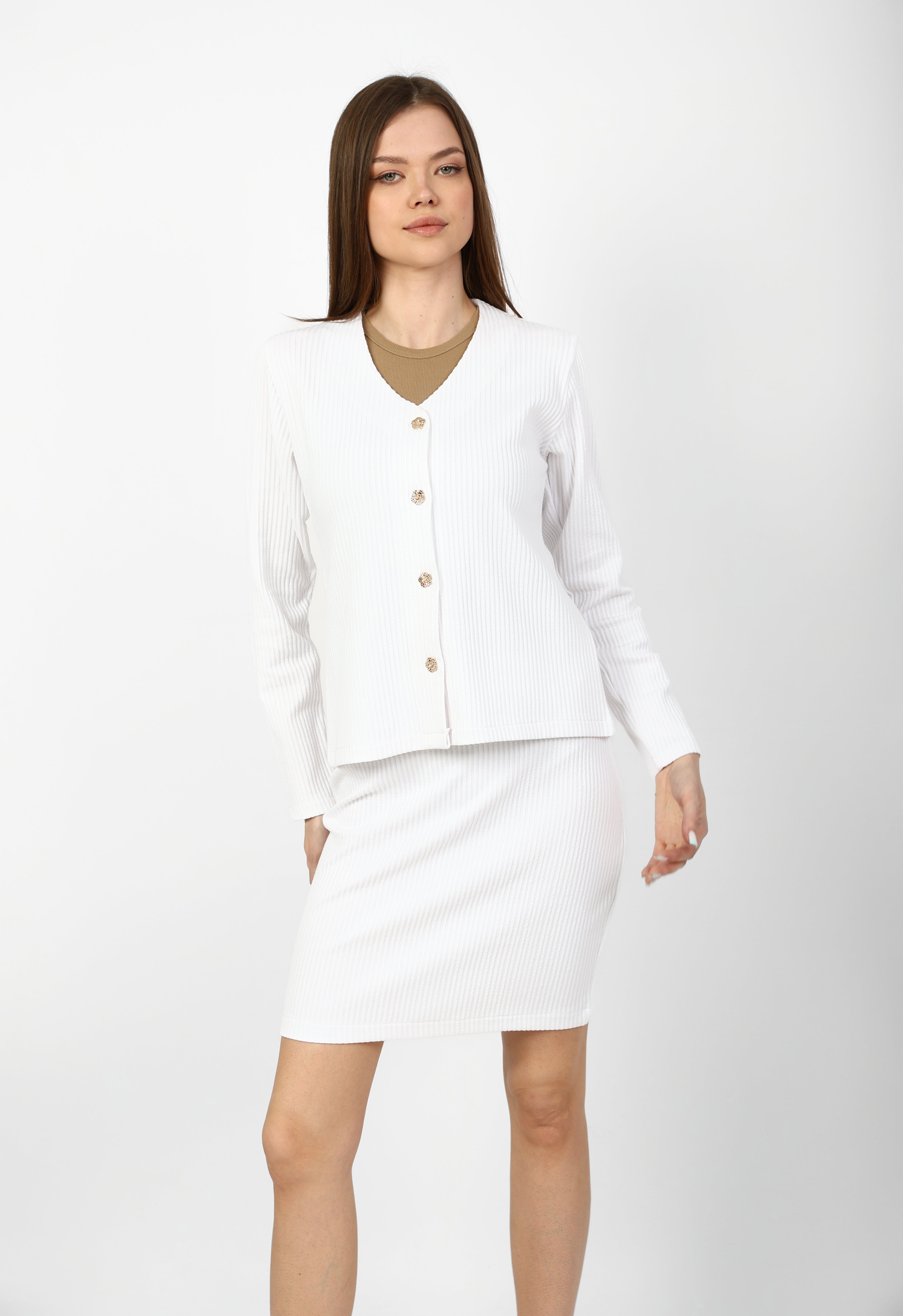 "Modern" 3-piece set in white (cardigan, top, and pants).
