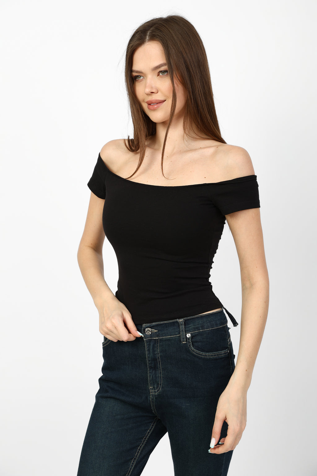 Classic Off Shoulder black soft top.