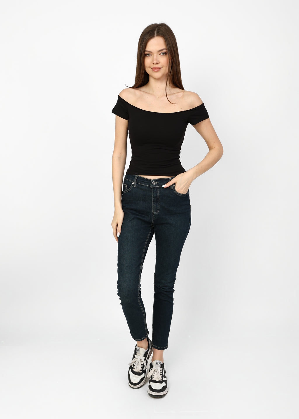 Classic Off Shoulder black soft top.