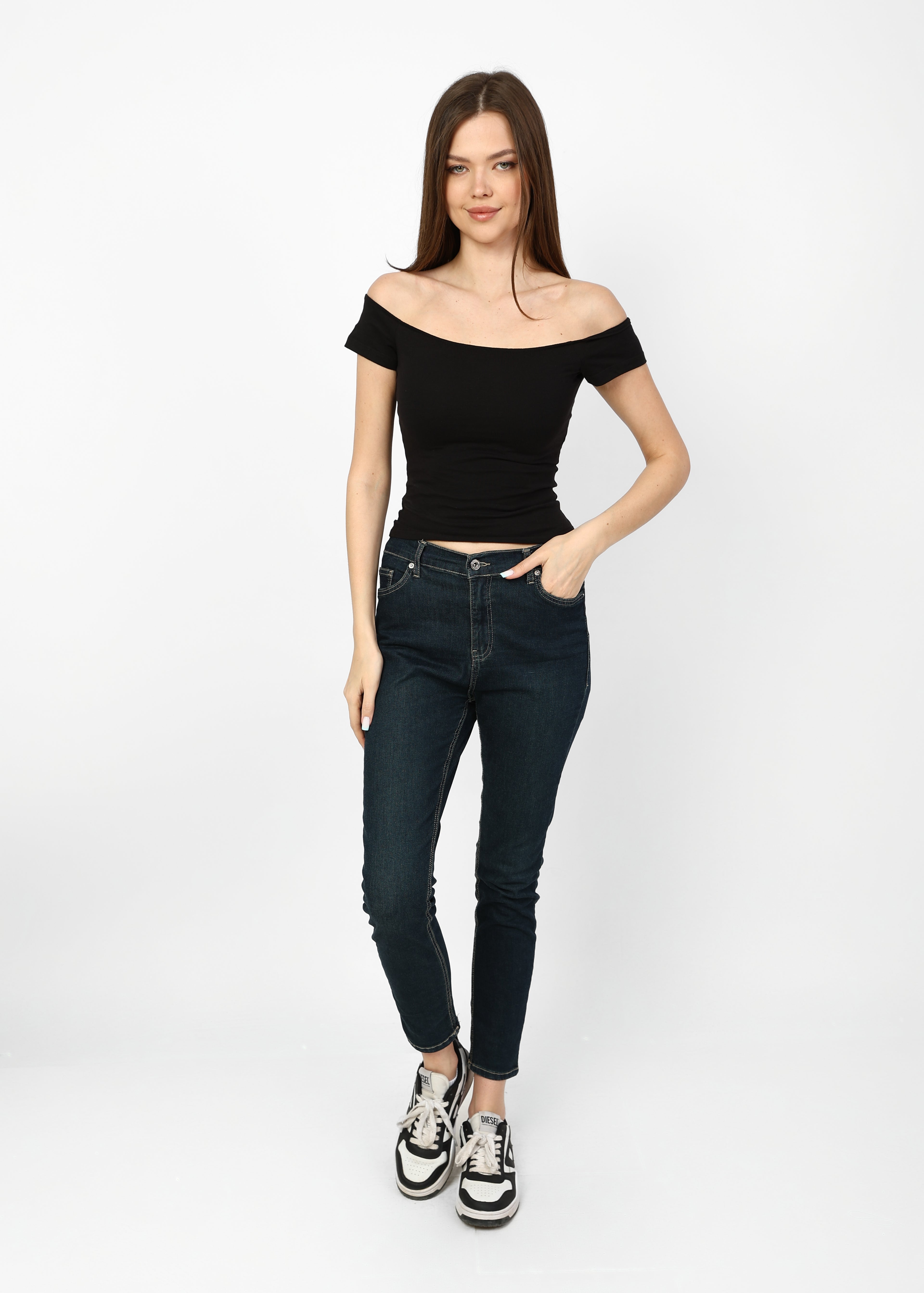 Classic Off Shoulder black soft top.