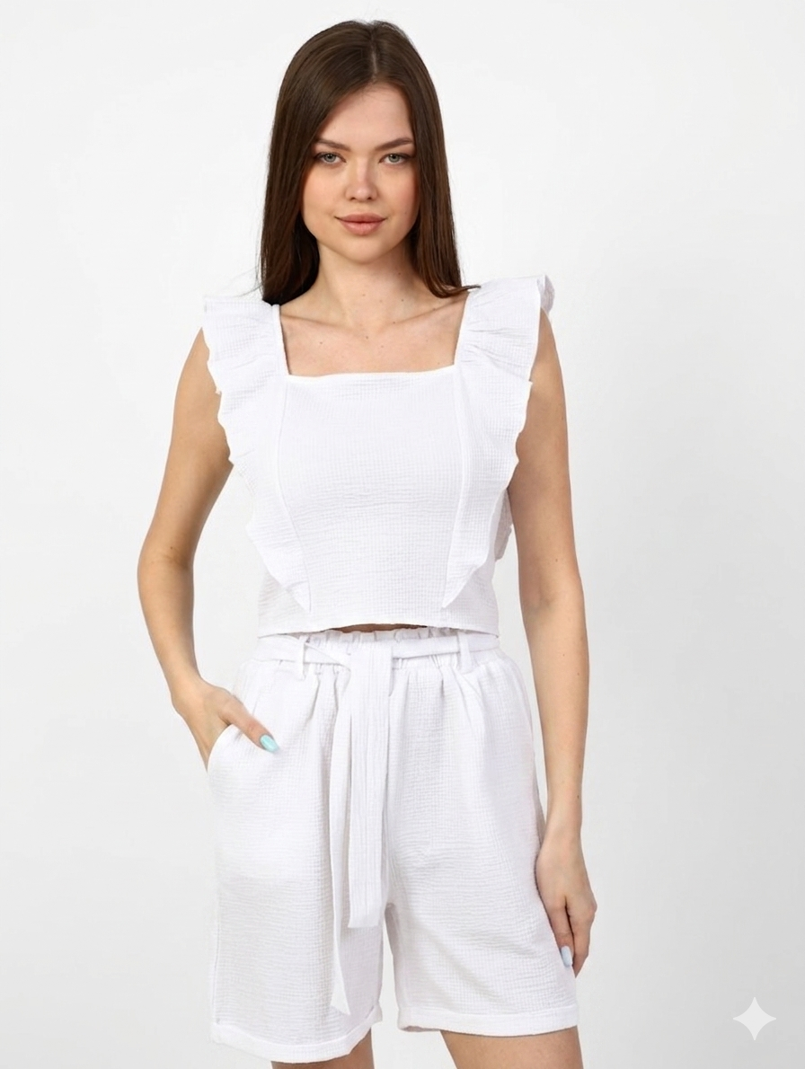 Summer set - two pieces (ruffle top and high-waist shorts)