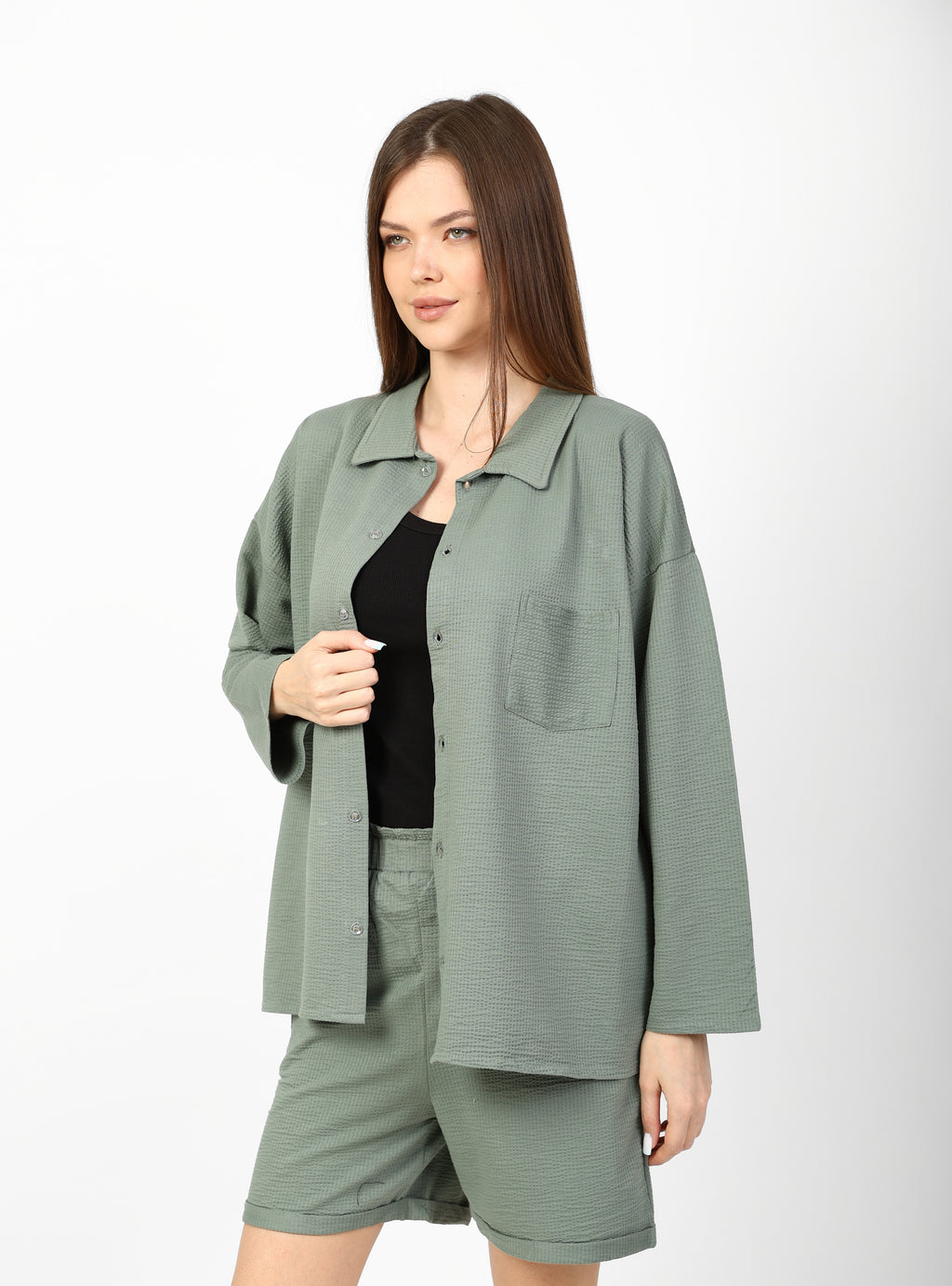 Modern 3-piece summer set (shirt, shorts, and top).