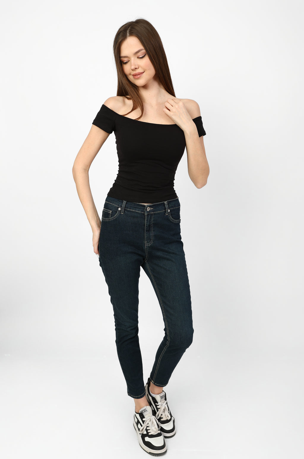 Classic Off Shoulder black soft top.