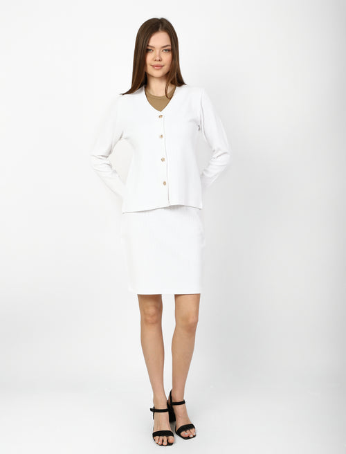 "Modern" 3-piece set in white (cardigan, top, and pants).
