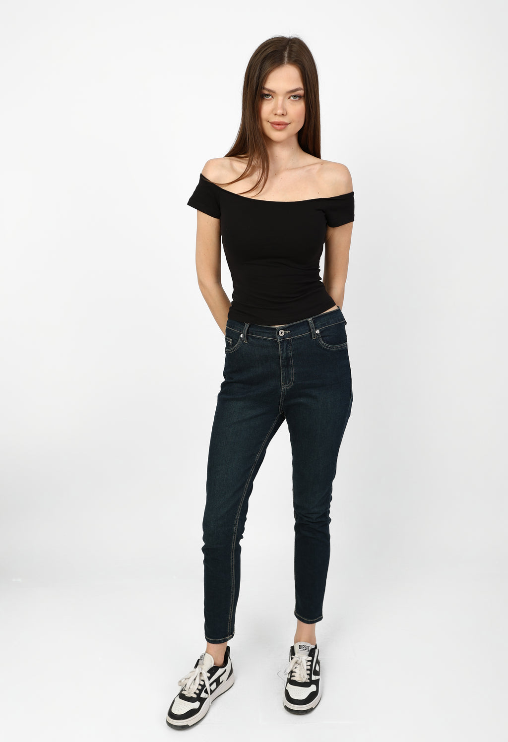Classic Off Shoulder black soft top.