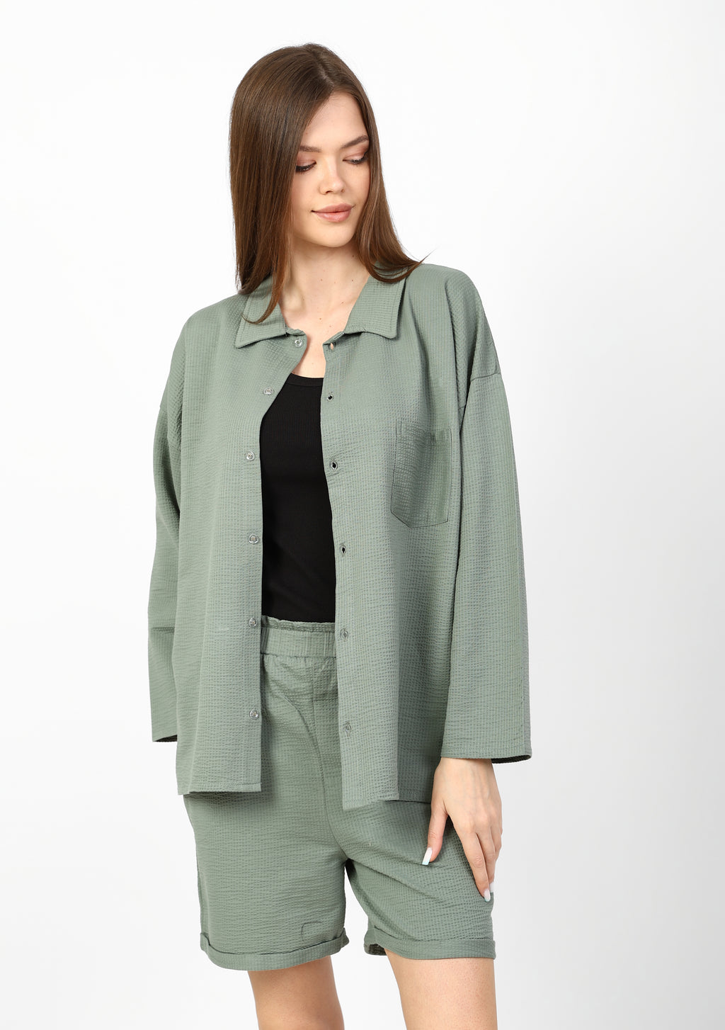Modern 3-piece summer set (shirt, shorts, and top).