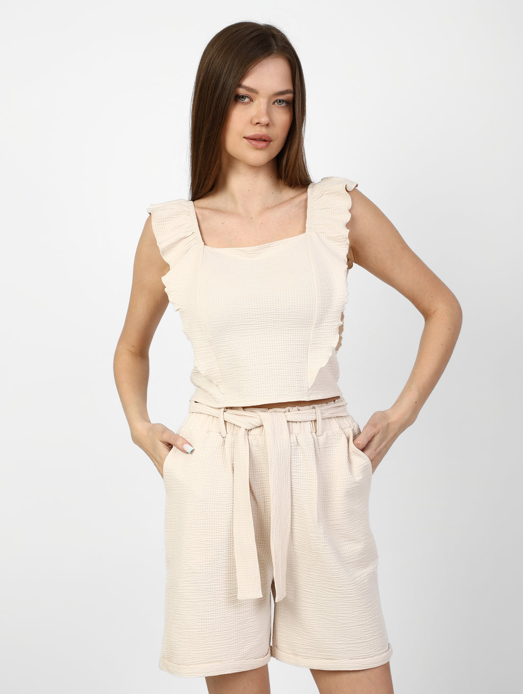 Summer set - two pieces (ruffle top and high-waist shorts)