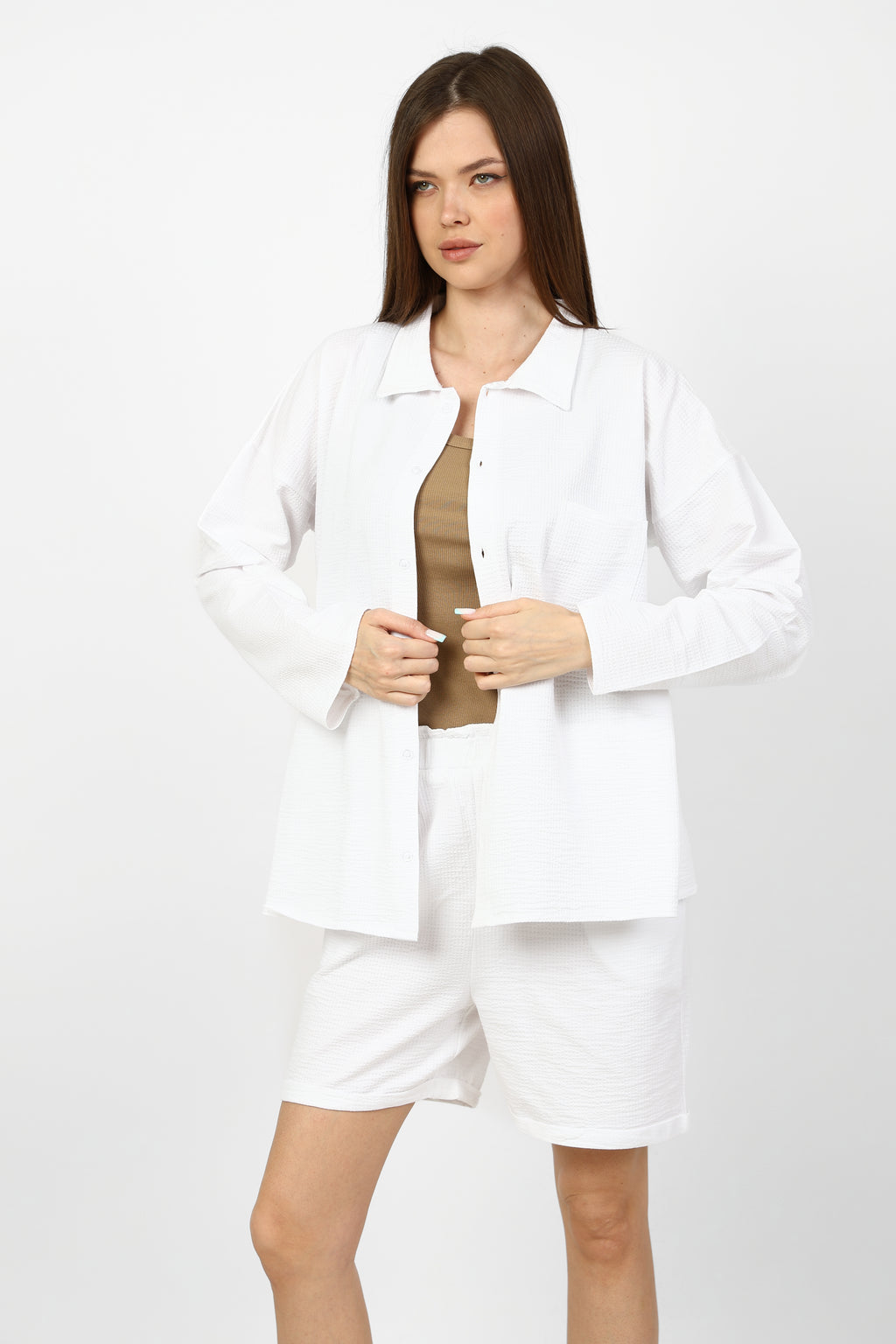 Modern 3-piece summer set (shirt, shorts, and top).