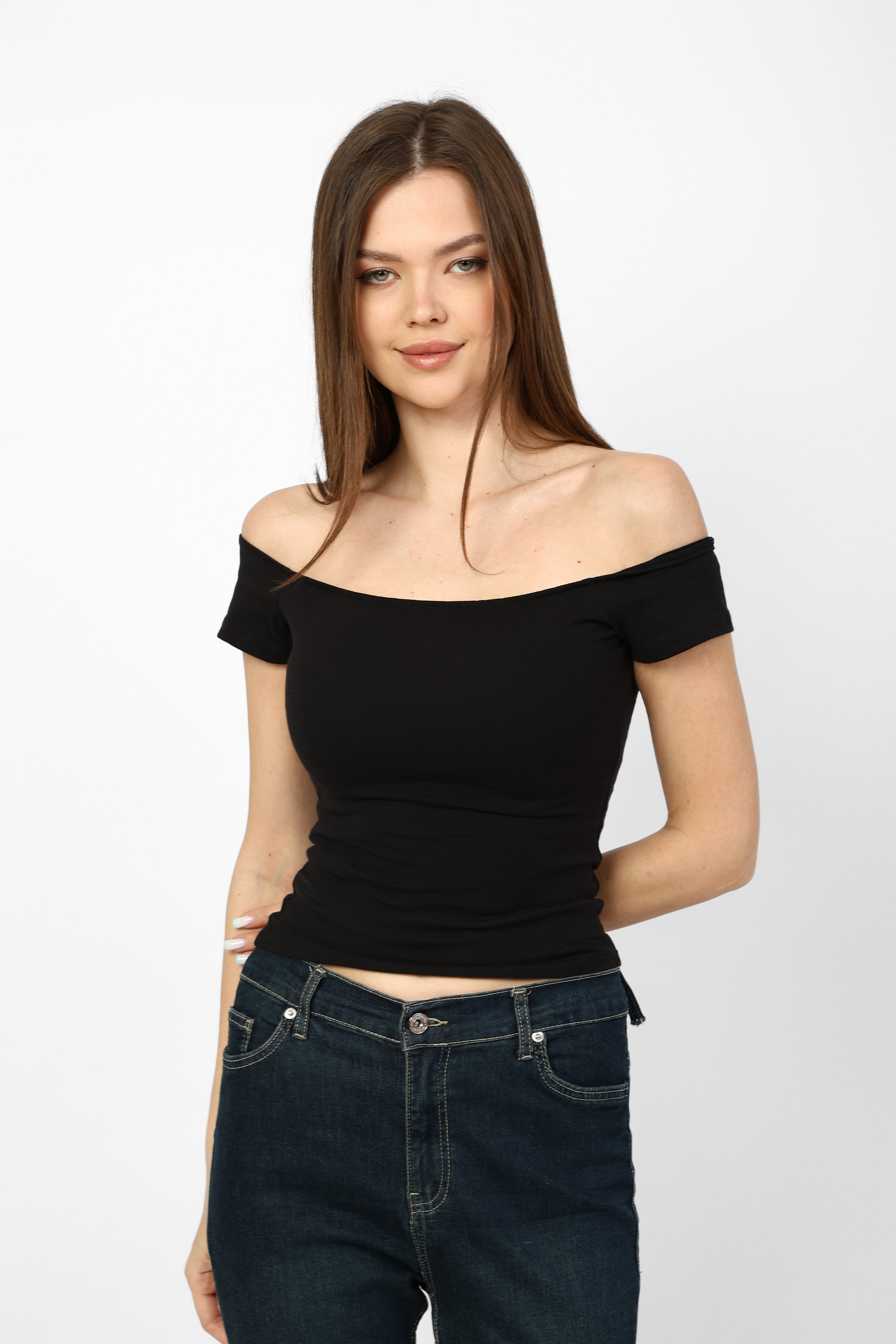 Classic Off Shoulder black soft top.